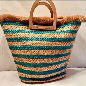 Antik Kraft jute tote bag Hashree  carryall woven beige blue wood handles